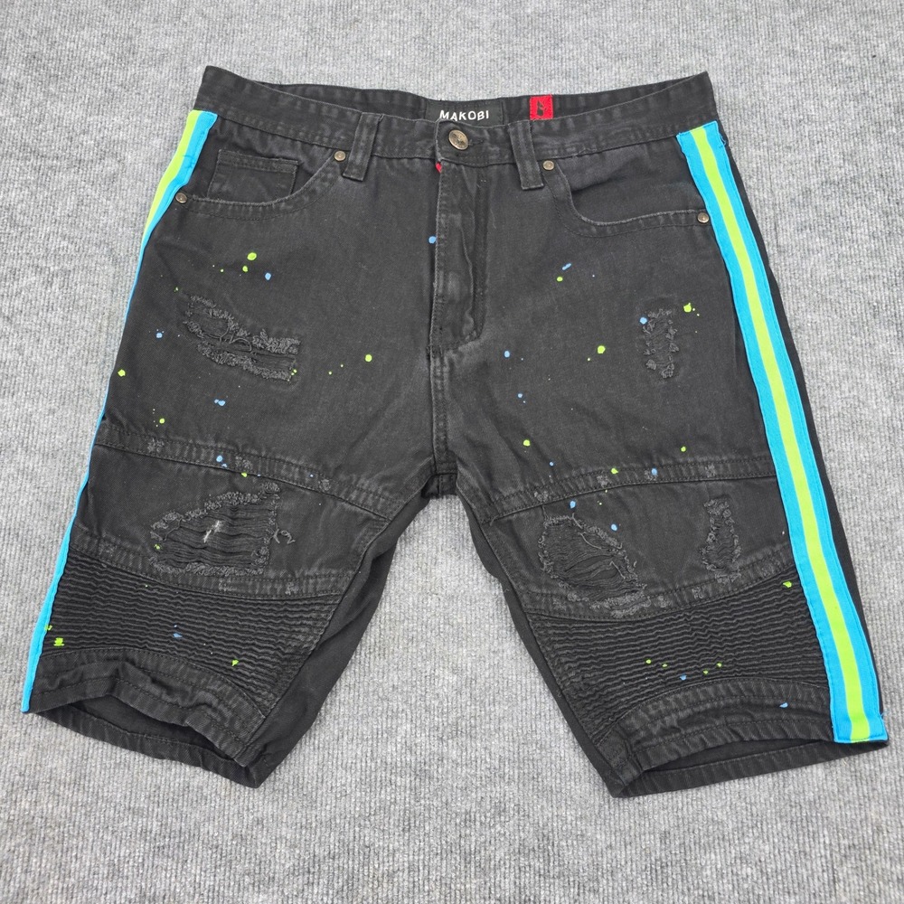 Makobi Mens Black Distressed Moto Denim Shorts Paint Splatter Stripe 38 (fit 37)
